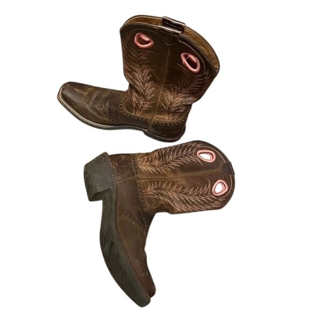 Ariat Womens Brown Leather Pink Stitch Square Toe Western Boots Size 7.5B